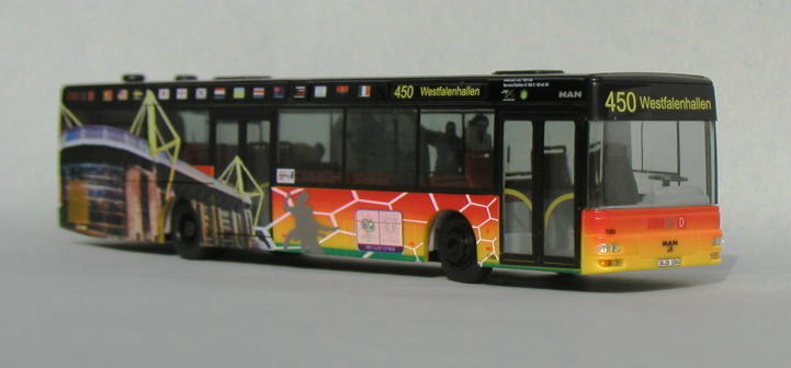 Modell S29:   MAN Niederflurbus - Dortmunder Stadtwerke - Gestaltung Fu�ballweltmeisterschaft 2006 - Linie 480 - Fahrtziel Westfalenhallen